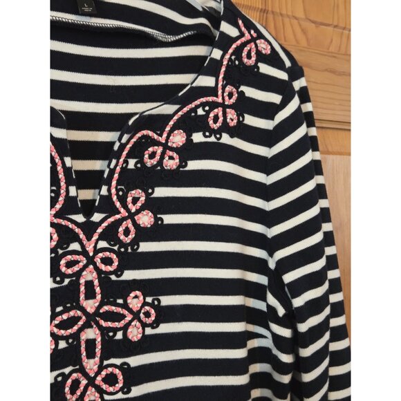 Talbots Dress Size Large Blue Striped Embroidered Coastal Preppy Resort V-Neck‎ - Picture 4 of 11